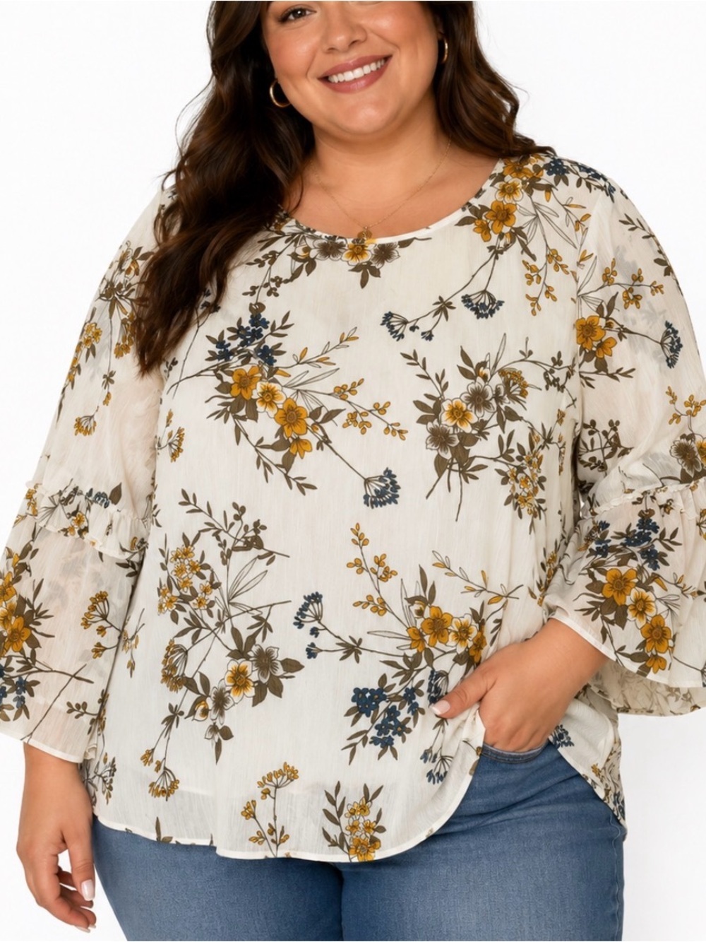 Banana Republic blouse SZ L Floral Bell-Sleeve Ivory Women's Top lightweight